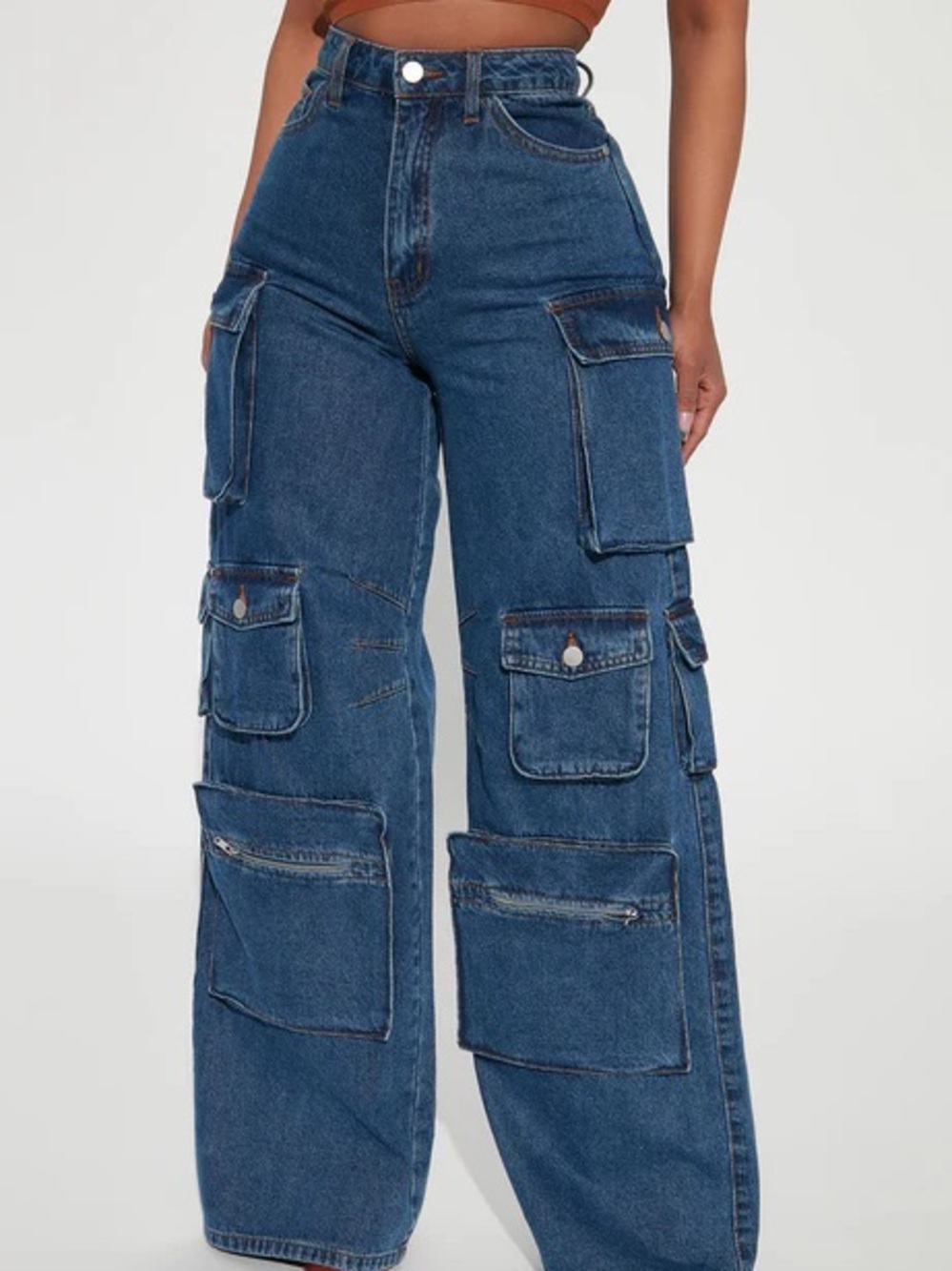 Blue High-Rise Wide Leg Cargo Jeans